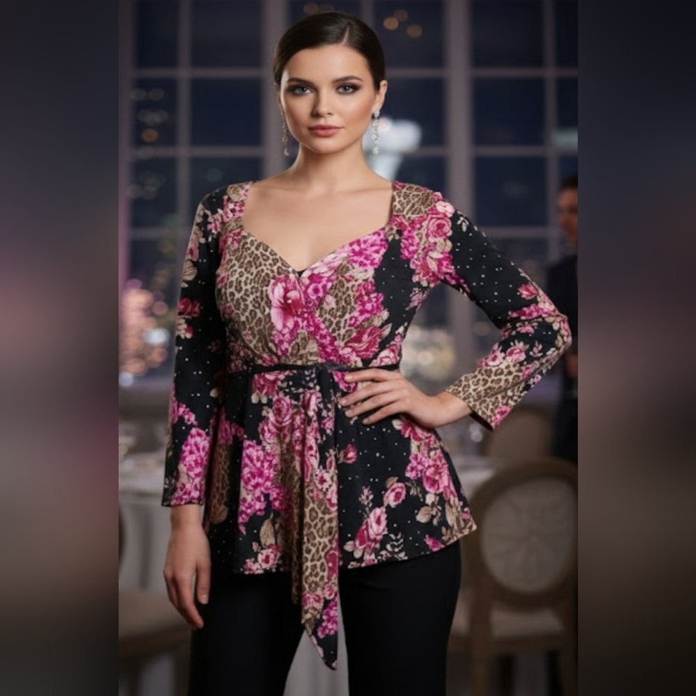 J.t.b Black Floral/Leopard Long Sleeves Asymetric Heart Neckline Festive Top, 2X